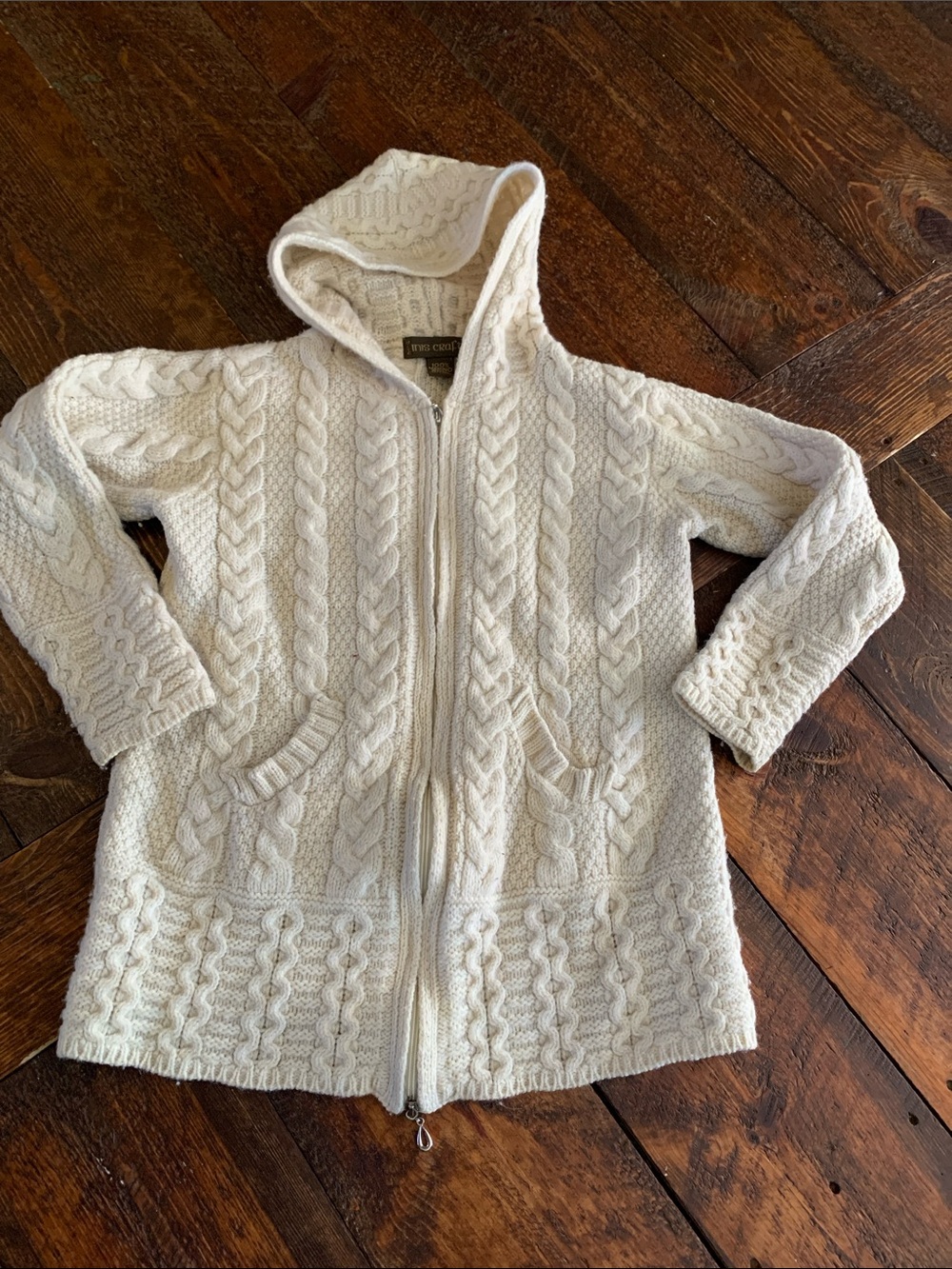 Inis Crafts 100% Merino Wool Cream Cable-Knit Hooded Sweater with pockets